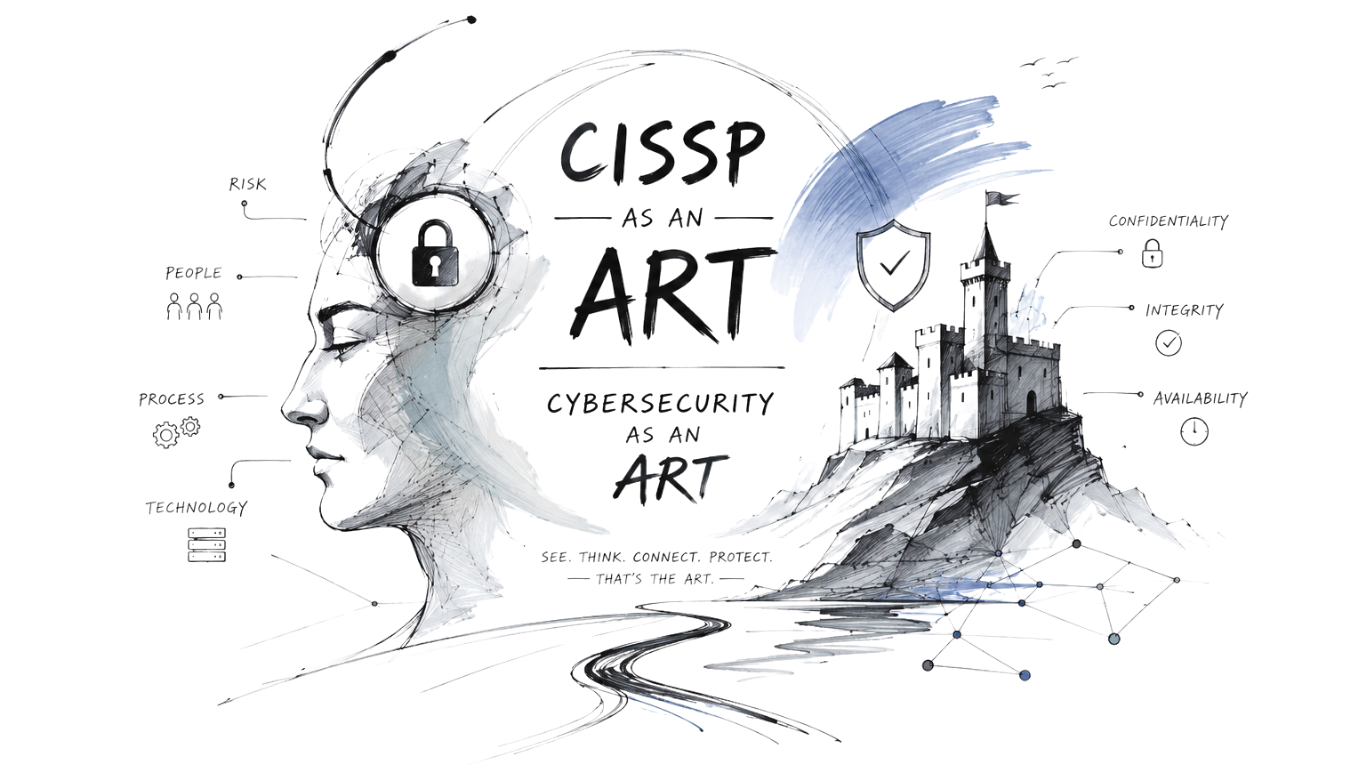 CISSP As An Art (CaaART): hand-drawn illustration of a security-focused mind connected to a fortified castle, showing Risk, People, Process and Technology on the left and Confidentiality, Integrity and Availability on the right